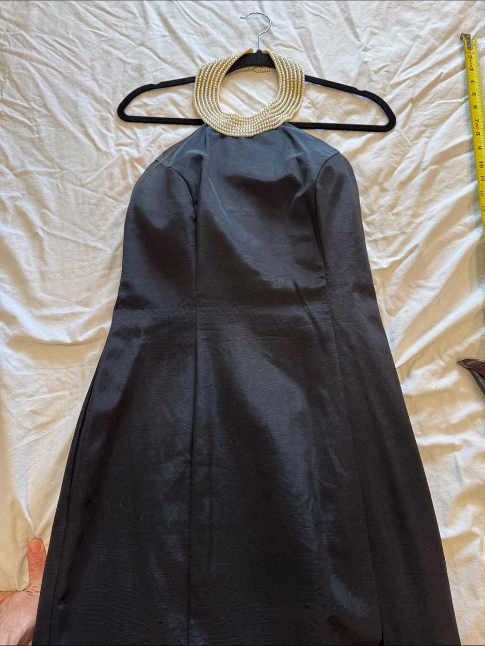 Black Halter Dress with Pearl Collar